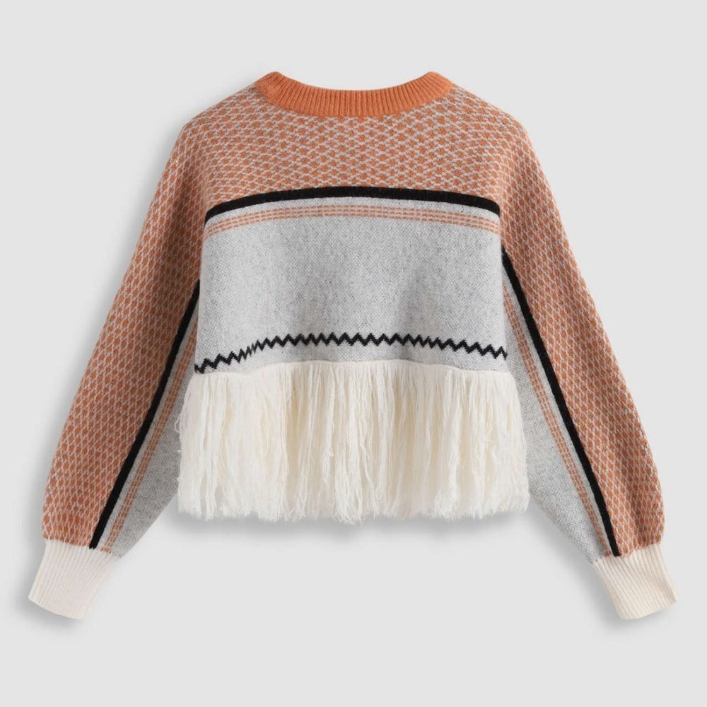Cider Fringe Patchy Geometric Relaxed Fit Sweater